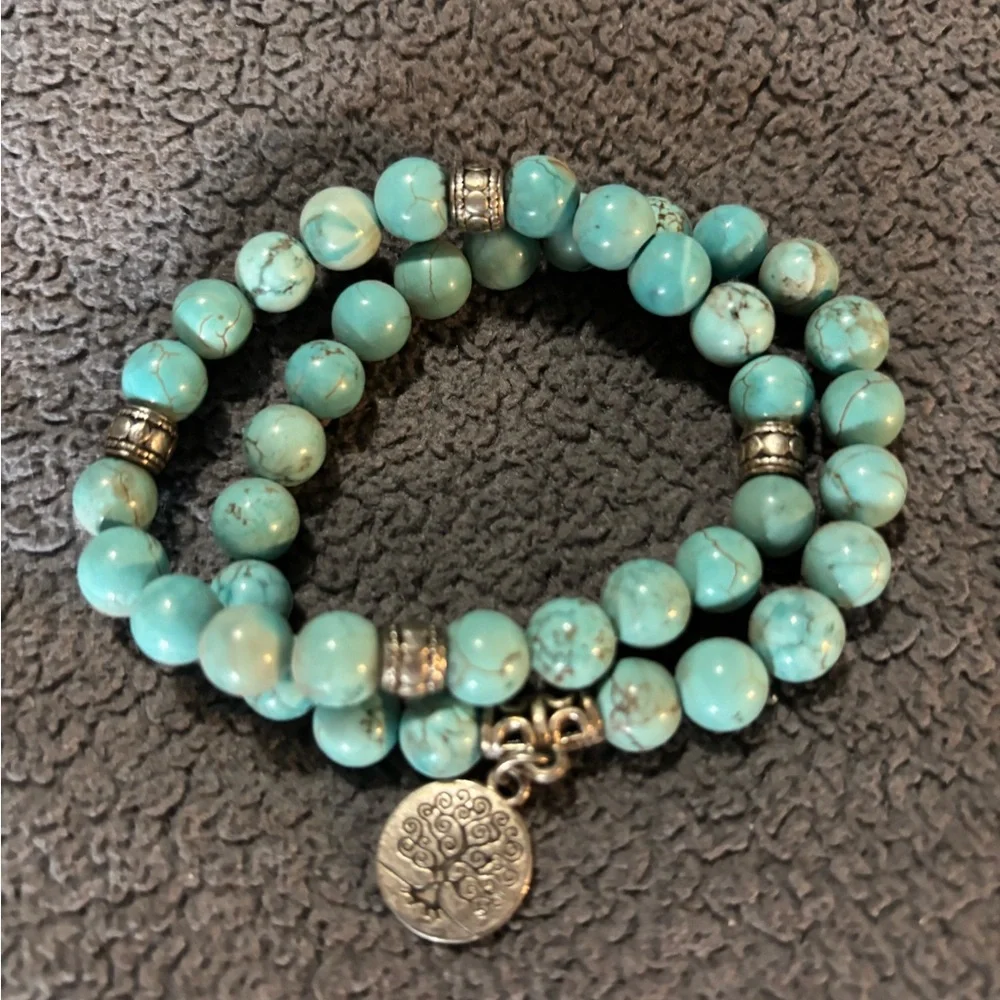 Turquoise Beaded Wrap Bracelet with Tree of Life Charm - Picture 1 of 1